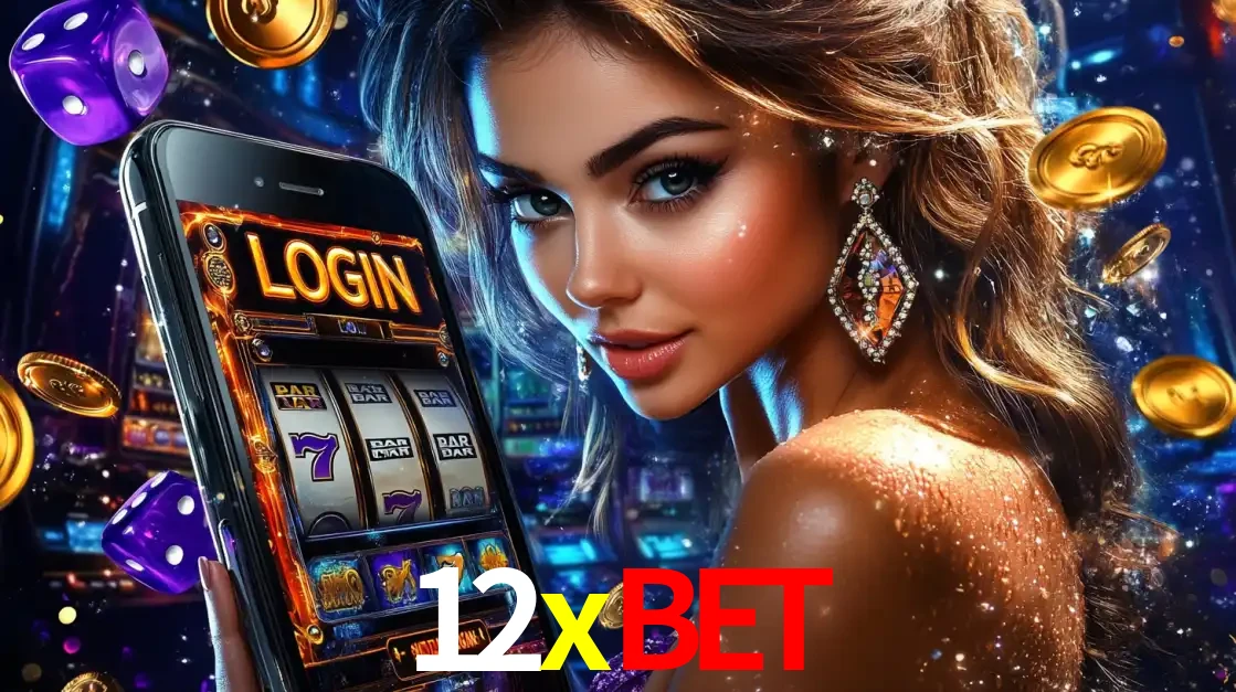 Mulher glamorosa segurando um smartphone com a tela de login para os jogos de caça-níqueis do cassino online 12xbet, com moedas de ouro e dados ao redor.