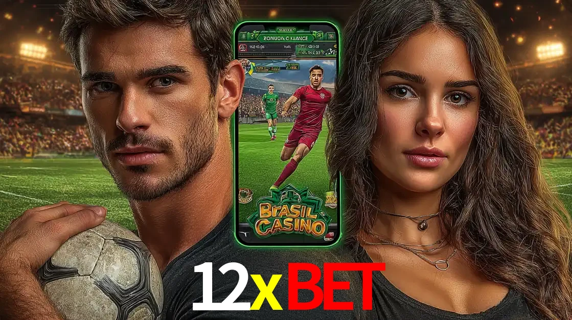 Homem segurando uma bola de futebol e uma mulher ao lado de um smartphone exibindo o jogo de apostas esportivas da 12xbet. Faça seu palpite no cassino online.